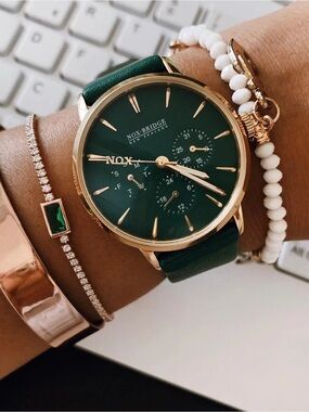Nox Bridge Vega Viridi  watch with Green Leather Strap and Gold Case